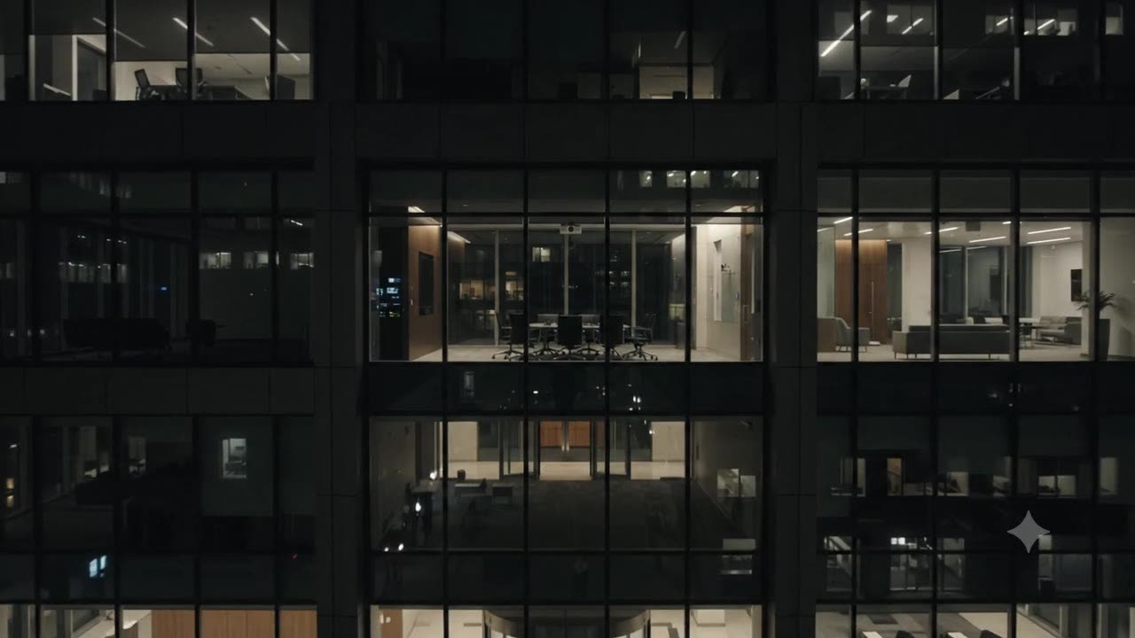 Office floors lit at night behind a glass facade