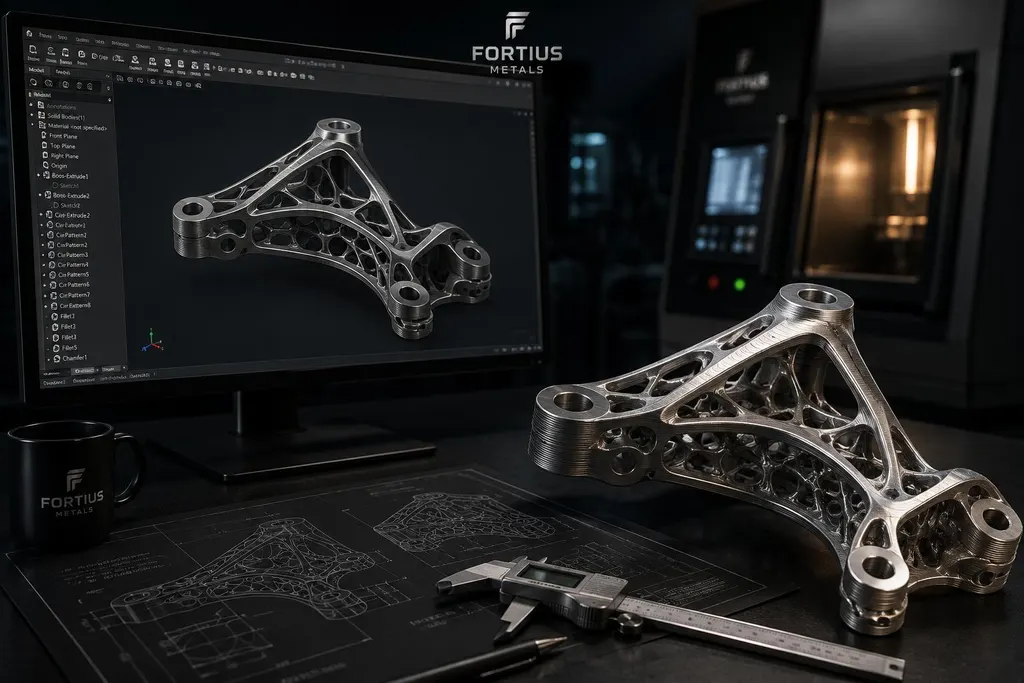 Part design on a CAD workstation beside the fabricated bracket