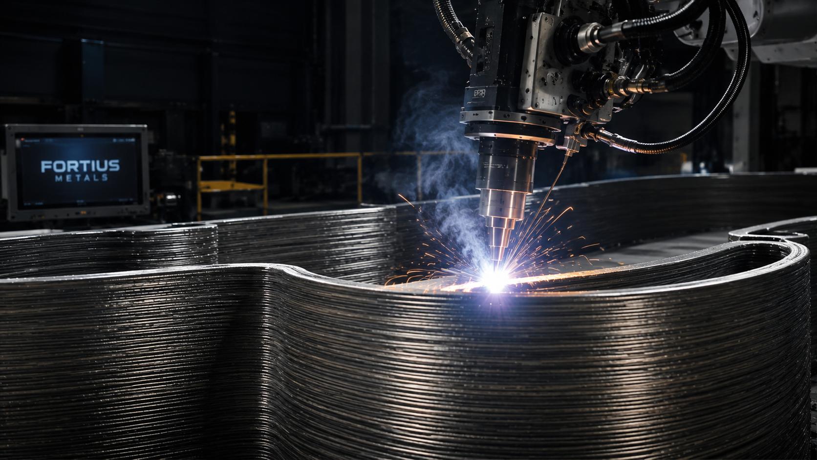 Robotic wire-arc deposition head building a large-format metal part, layer by layer