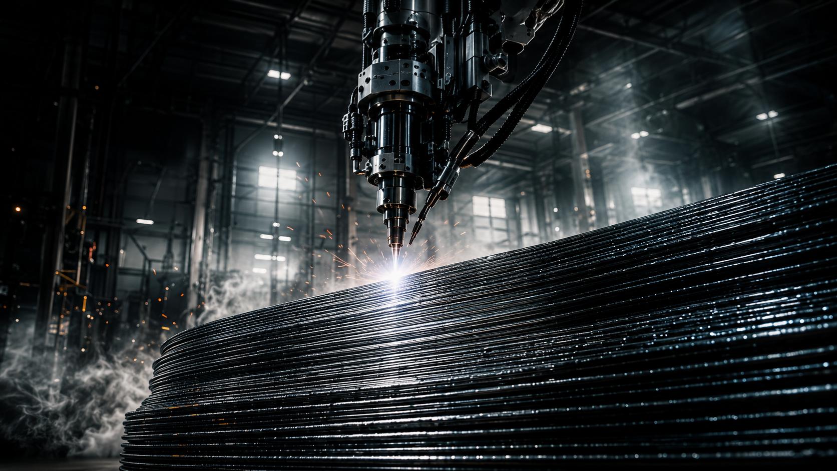 Large-format deposition underway in a dark fabrication hall