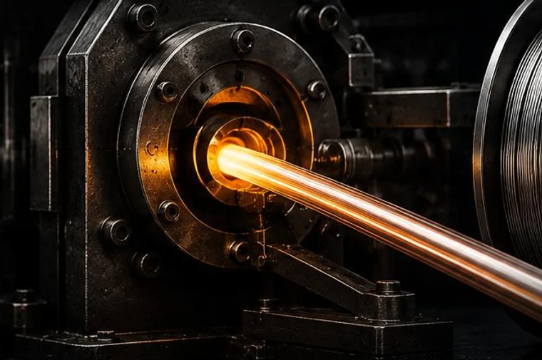 Alloy glowing as it is continuously extruded through a precision die
