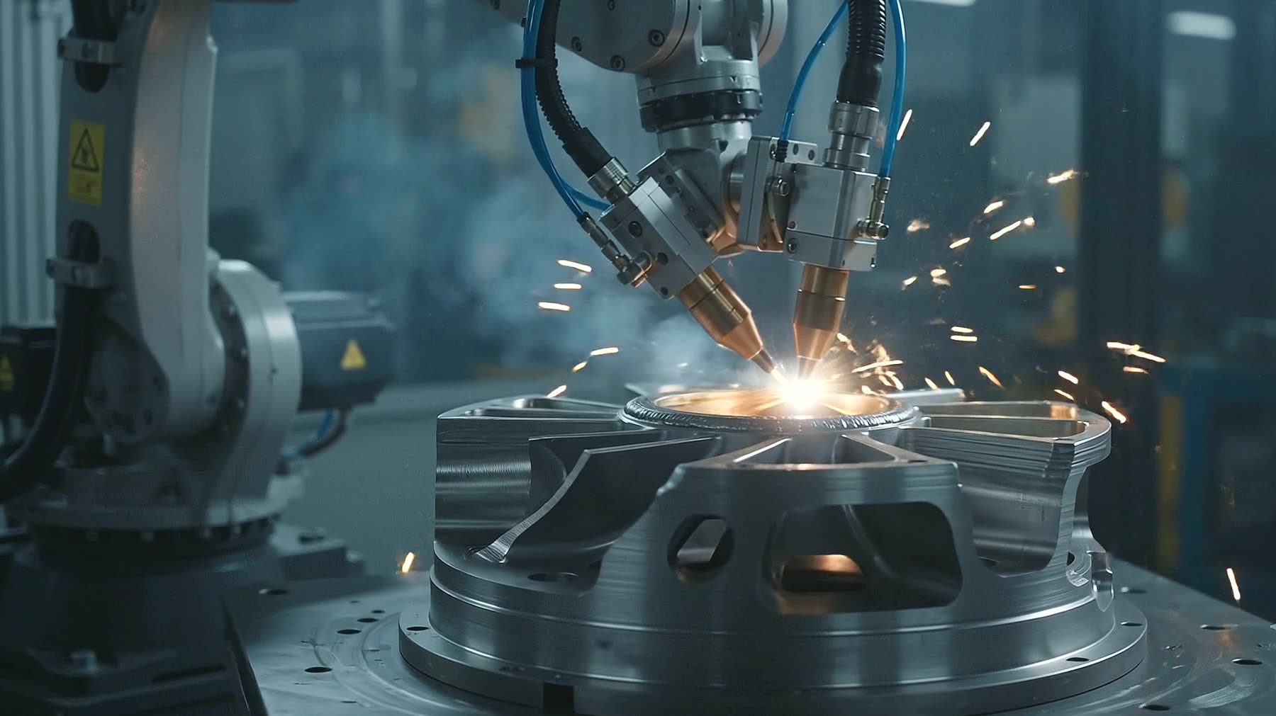 A close view of molten metal being deposited, sparks arcing away from the weld pool.