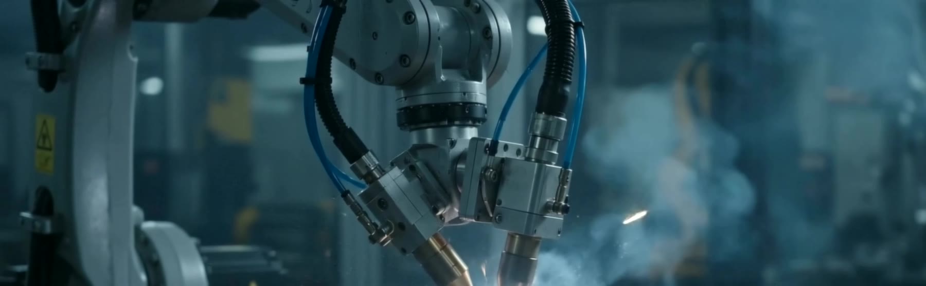 An abstracted view of the Fortius Metals engineering floor: gantries, light and machine silhouettes.