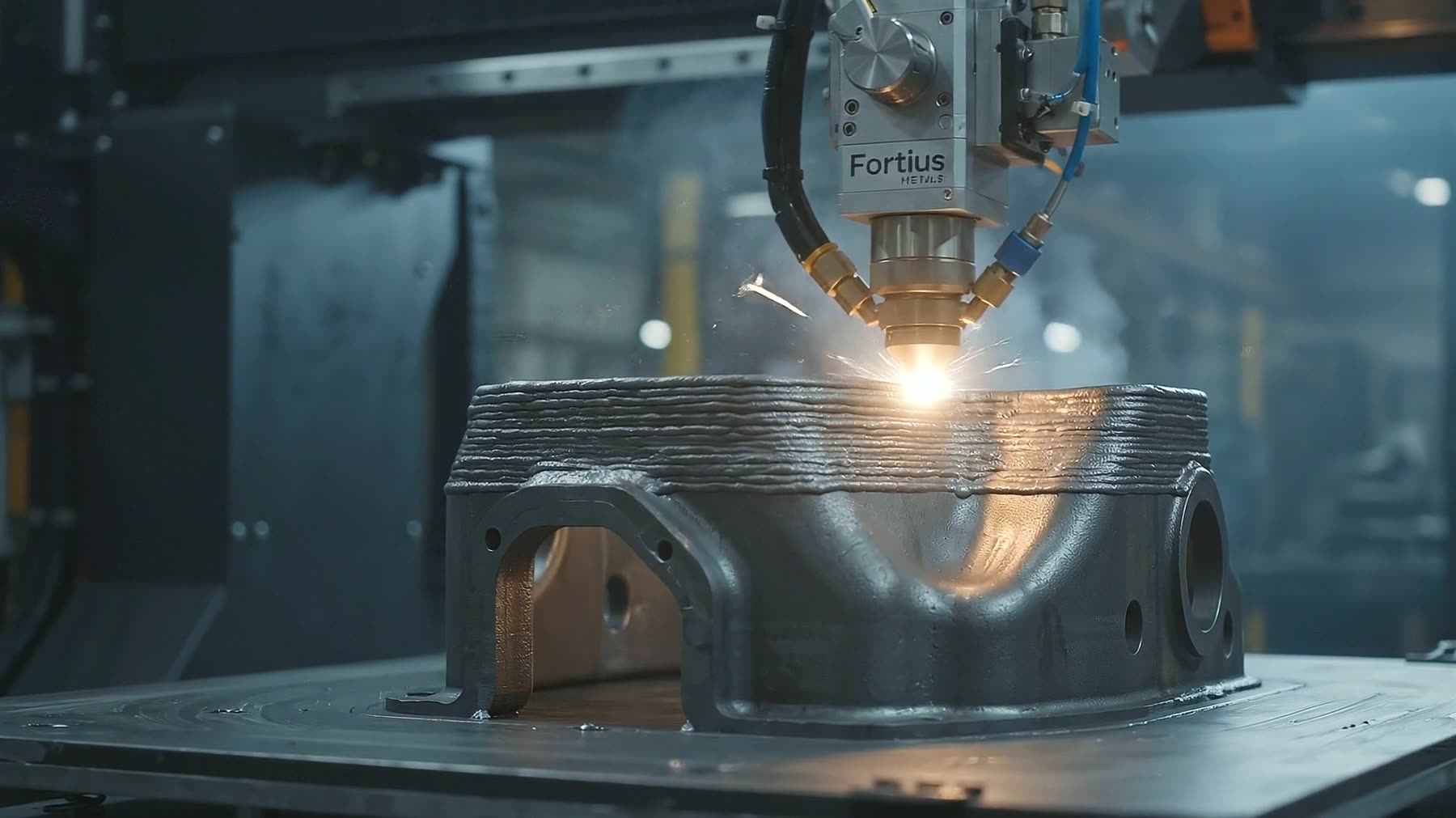 A structural aluminium form being built layer by layer on the build plate.