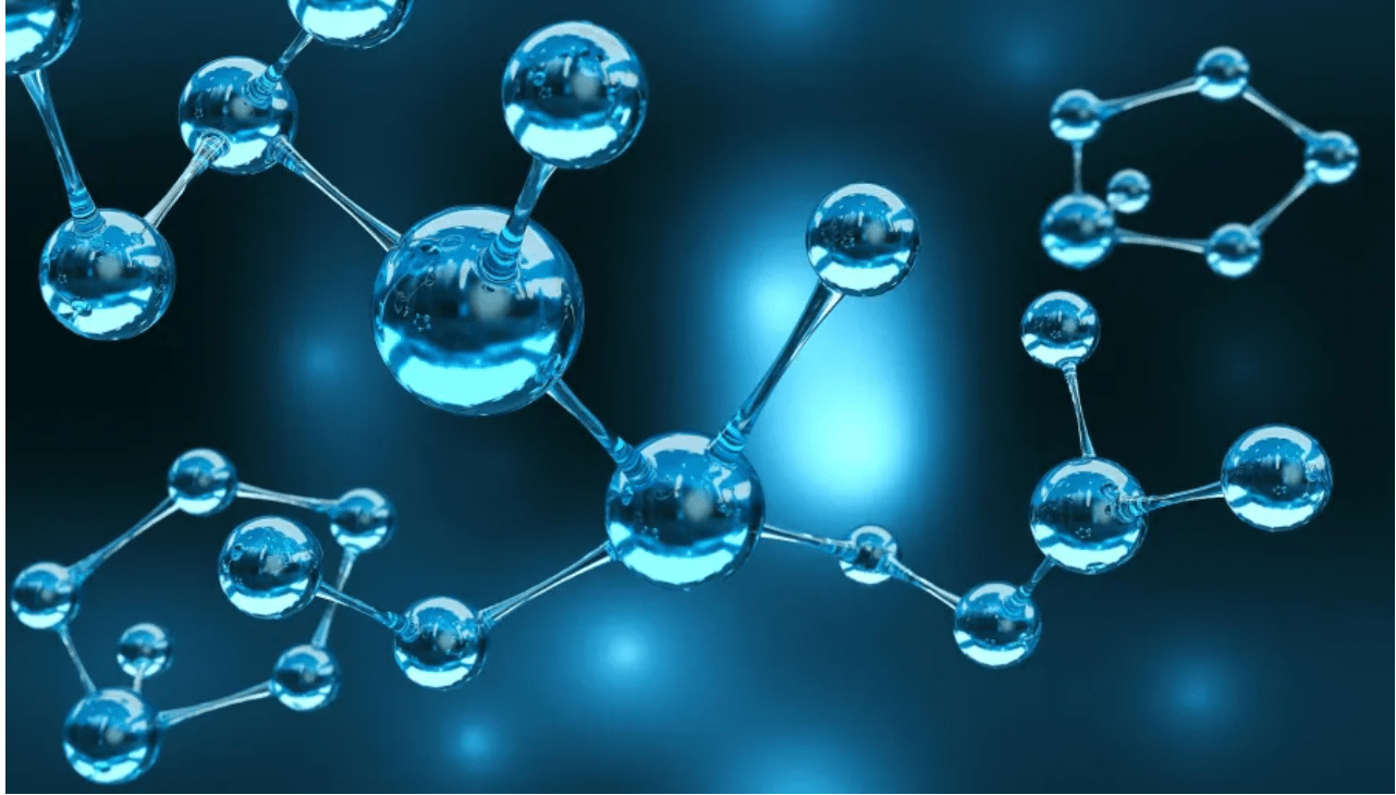 A digital illustration of a molecular structure with blue spheres connected by rods against a dark, glowing background.