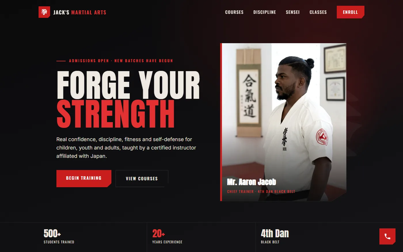 The Jack's Martial Arts Academy website, built by SiteYourStory.