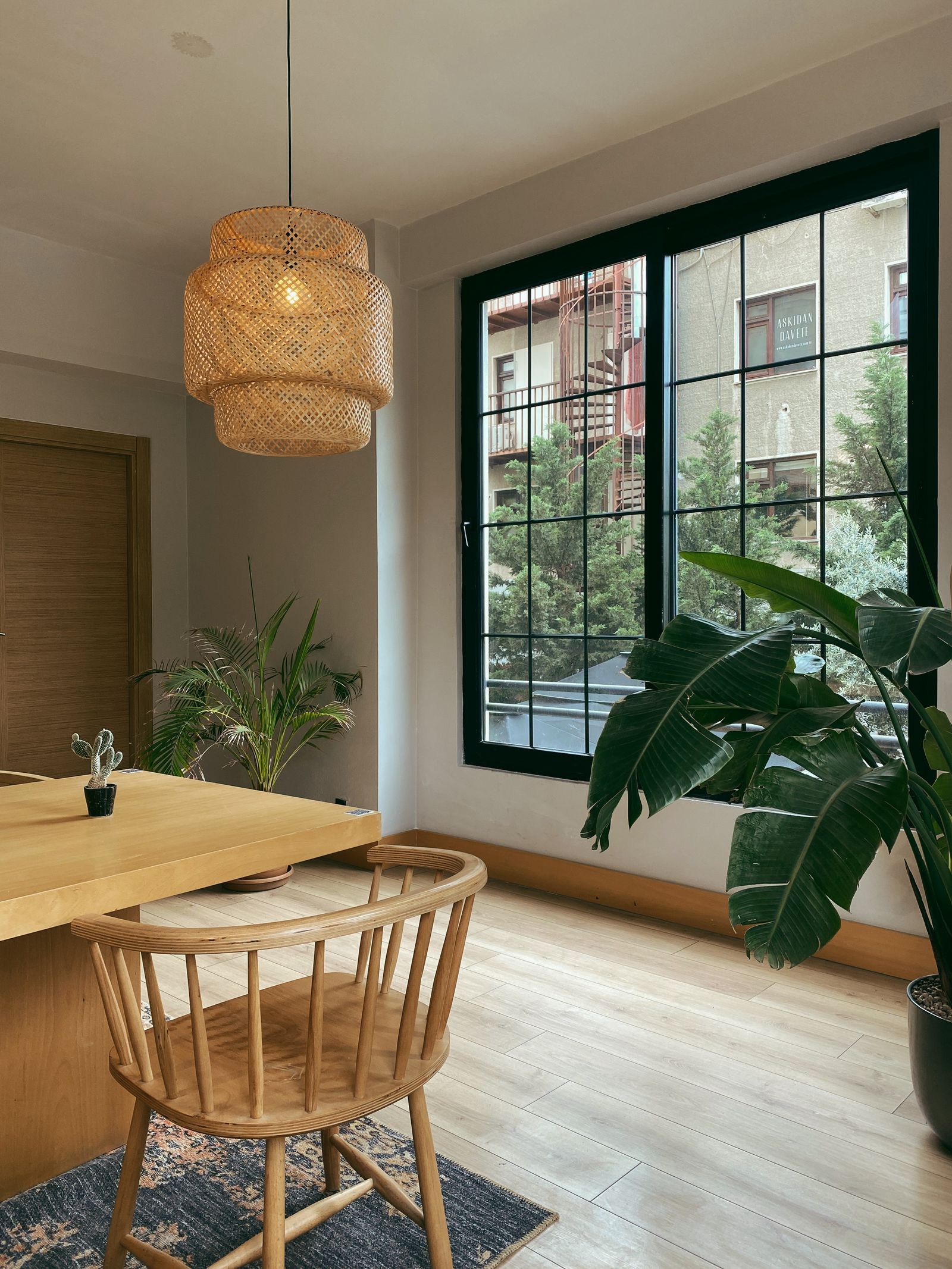 Warm, sunlit interior with wood details and plants