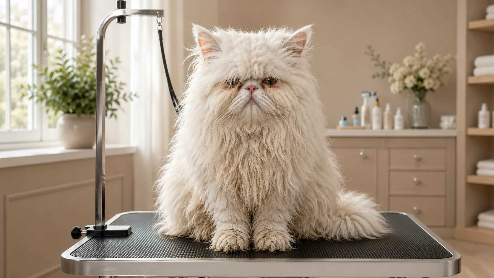 Cat before and after a professional home grooming session — before