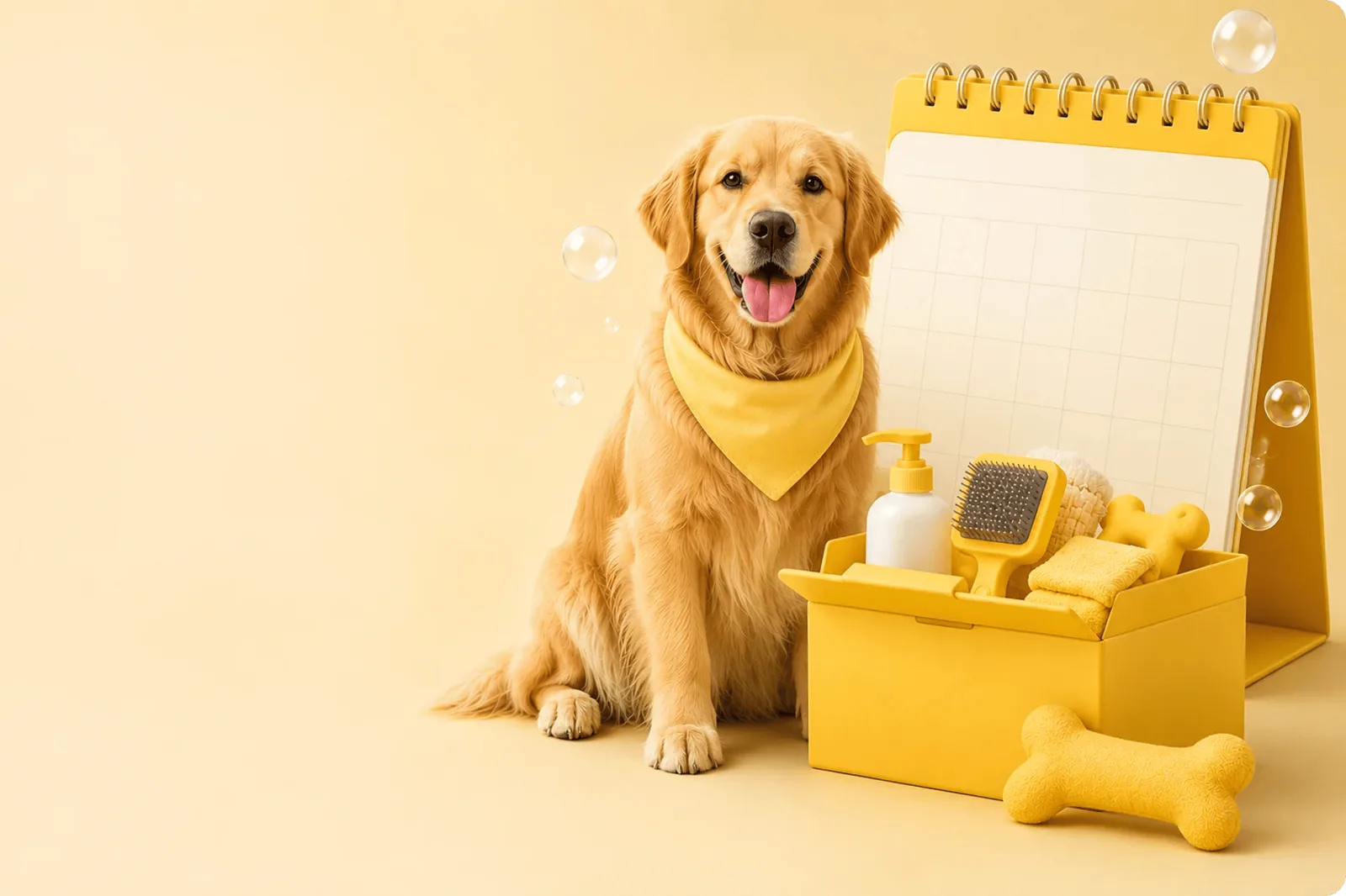 Freshly groomed golden retriever beside an Ultimutt grooming kit