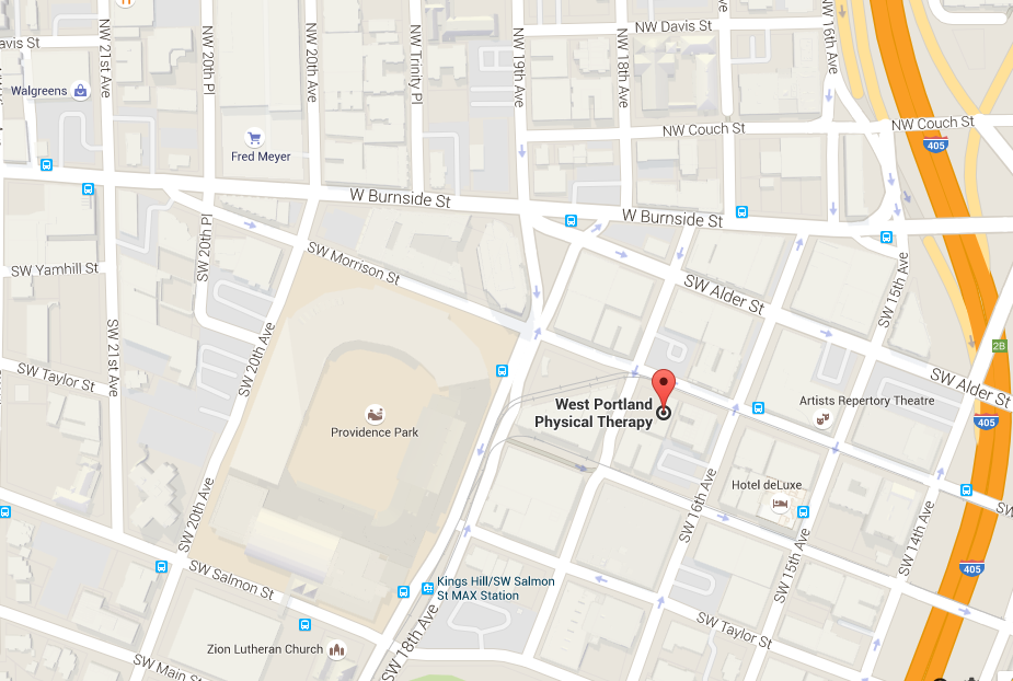 Map of downtown Portland showing the WPPTC clinic at SW Morrison St and 17th Ave