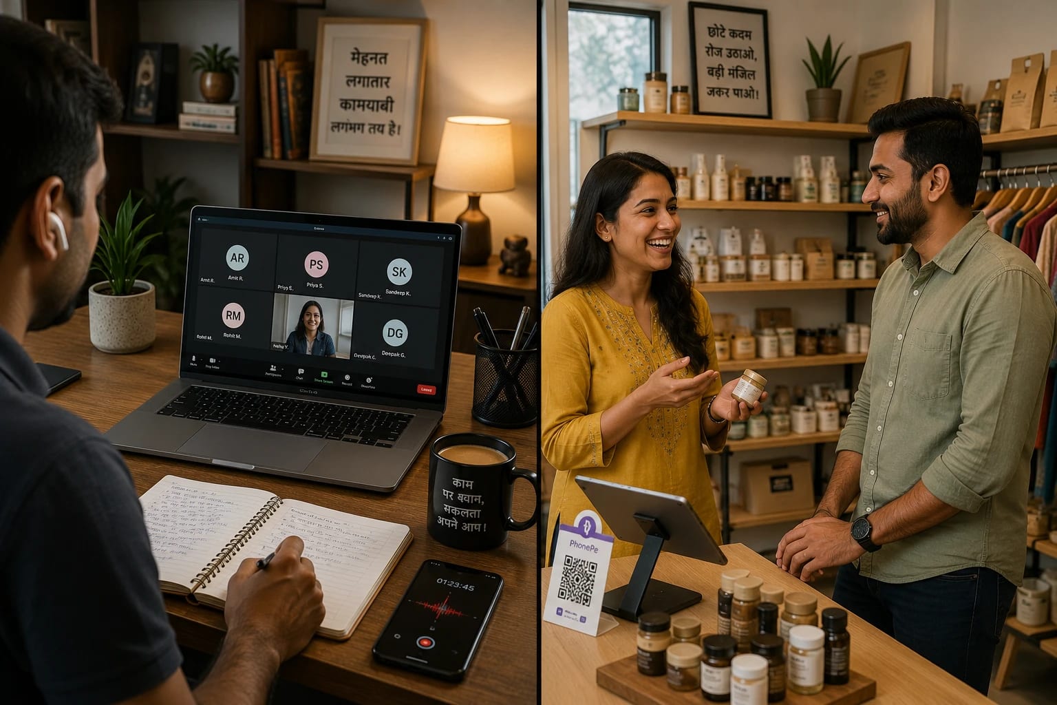 An online video call beside an in-person shop conversation